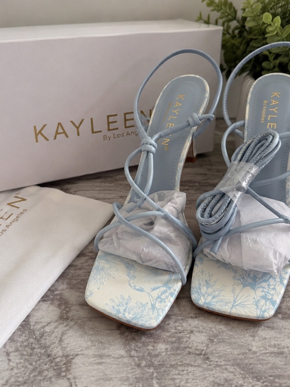 KAYLEEN By Los Angeles Powder Blue Floral Square-Toe Lace-Up Heels